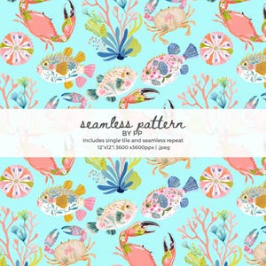 May include: A seamless pattern featuring crabs, pufferfish, and coral in shades of pink, peach, and blue on a light blue background. The design includes the text "seamless pattern" and "BY PP". The pattern is 12"x12" and repeats seamlessly.
