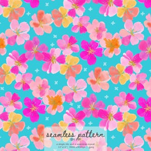 May include: Seamless floral pattern featuring watercolor flowers in shades of pink, orange, and yellow on a turquoise background. The design includes small white crosses. The text "seamless pattern" is visible.