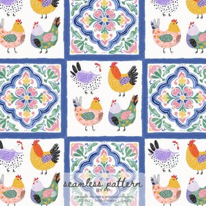 May include: A seamless pattern with cartoon chickens and floral tile designs. The chickens are in various colours, including yellow, purple, and green. The tiles are white with blue borders and floral centre designs. The pattern repeats across the image.