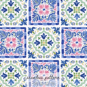 May include: Seamless pattern featuring a repeating design of square tiles. Each tile showcases a central pink flower surrounded by blue and green floral motifs, all set against a white background. The design includes text that reads "seamless pattern by PP".