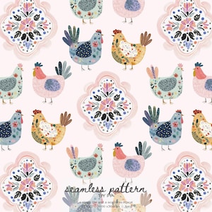 May include: A seamless pattern featuring colorful chickens and floral designs on a light pink background. The chickens are in various colors, including yellow, blue, and pink, with intricate details. Decorative floral elements are also present.
