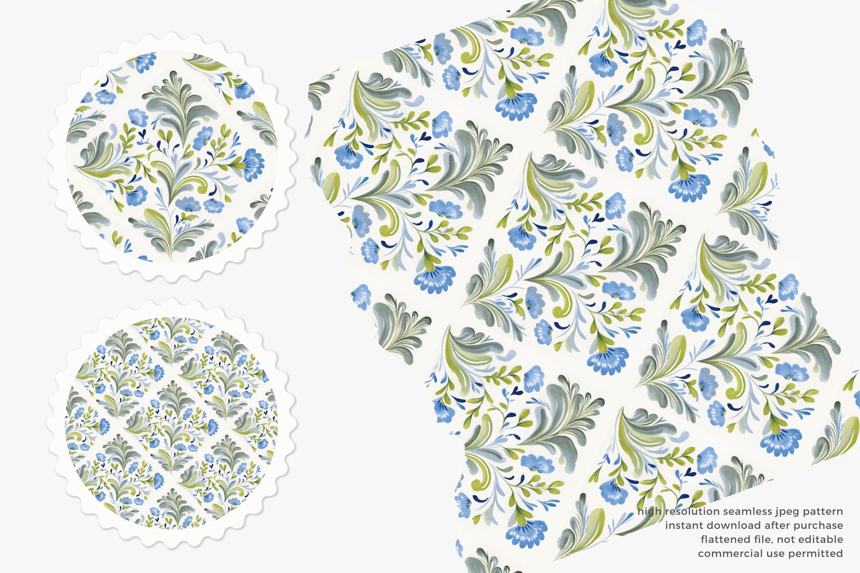 Blue Green Floral Seamless Pattern, Vintage European Scroll Botanical ...
