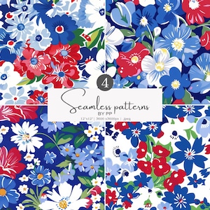 patriotic floral, seamless pattern, red white, blue flowers, 4th july, americana style, digital paper, summer garden, wildflower print jpeg image 1