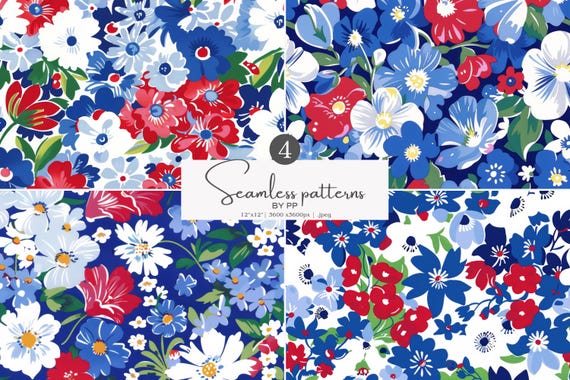 patriotic floral, seamless pattern, red white, blue flowers, 4th july, americana style, digital paper, summer garden, wildflower print jpeg