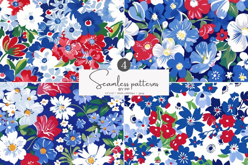 patriotic floral, seamless pattern, red white, blue flowers, 4th july, americana style, digital paper, summer garden, wildflower print jpeg image 1