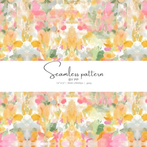 May include: Seamless pattern design featuring a watercolor style floral pattern in shades of pink, yellow, green, and white. The text "Seamless pattern BY PP" is displayed on a white banner. The pattern is 12"x12" and 3600x3600px.