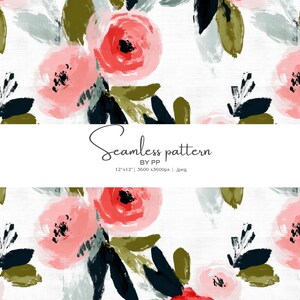May include: Seamless pattern featuring watercolor-style flowers in shades of pink and red, with green and navy accents, set against a white background. The design includes the text "Seamless pattern" and the dimensions 12"x12".