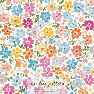 Peut inclure: Un motif sans couture présentant une multitude de fleurs colorées dans des tons de rose, bleu, orange et jaune sur un fond blanc. Le motif comprend de petites feuilles vertes et le texte "seamless pattern by PP".