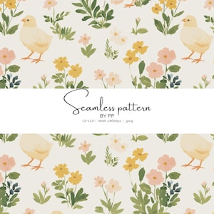 chick seamless pattern, spring baby chicken floral print, nursery meadow pattern, easter chick wallpaper, soft pastel botanical design