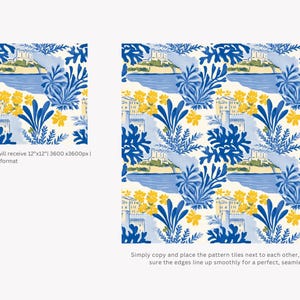 Pode incluir: Um design de padr&atilde;o repetitivo com uma cena costeira com &aacute;gua azul, edif&iacute;cios e flores amarelas. O design inclui folhagem azul sobre um fundo creme. O texto indica um arquivo de 30.48cm x 30.48cm em formato jpeg.