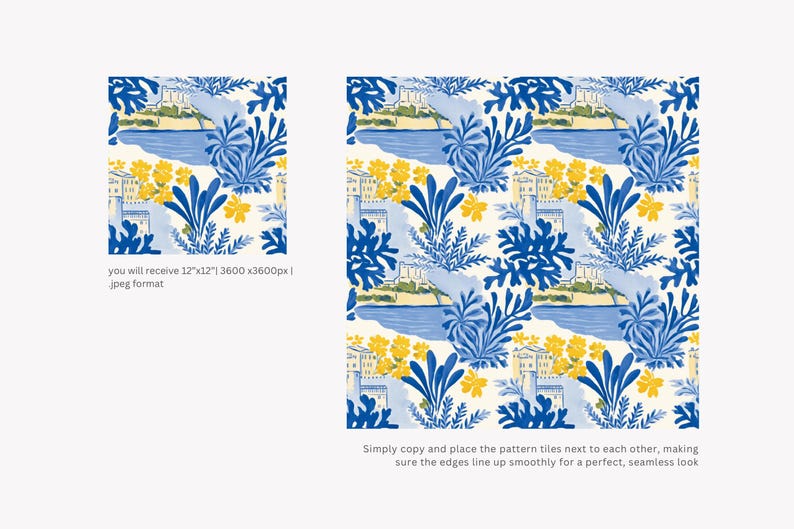Pode incluir: Um design de padr&atilde;o repetitivo com uma cena costeira com &aacute;gua azul, edif&iacute;cios e flores amarelas. O design inclui folhagem azul sobre um fundo creme. O texto indica um arquivo de 30.48cm x 30.48cm em formato jpeg.