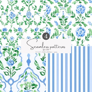 May include: Four seamless watercolor patterns in shades of blue and green on a white background. Floral and striped designs are featured. The text "Seamless patterns" is visible.