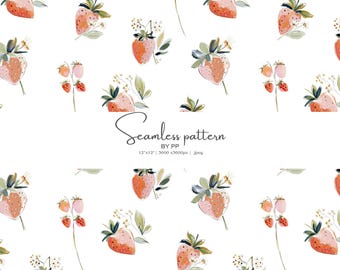 watercolor strawberry seamless pattern, fruit digital paper, strawberry fabric design, rustic berry background, summer fruit pattern jpeg