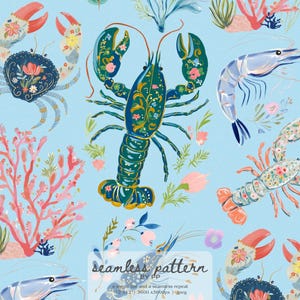 Può includere: Un motivo senza cuciture con illustrazioni di creature marine, tra cui granchi, aragoste e gamberi, adornate con dettagli floreali. Il design è ambientato su uno sfondo azzurro chiaro, offrendo un aspetto stravagante e decorativo.