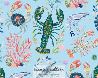 coastal seafood pattern, illustrated lobster crab shrimp print, ocean botanical wallpaper, nautical sea life seamless design, artistic beach