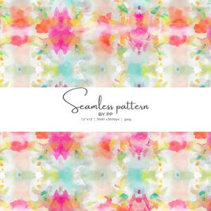 May include: A vibrant watercolor seamless pattern in shades of pink, orange, yellow, and turquoise. The design features a blend of abstract floral shapes. The text "Seamless pattern" is displayed in a white banner.