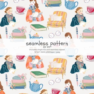 Peut inclure: Motif répétitif avec des illustrations d'une femme lisant, de tasses à thé, de fauteuils, de livres, de théières et de lunettes. Le motif comprend le texte "seamless pattern" et les dimensions 30,48 cm x 30,48 cm. La palette de couleurs comprend le bleu, le rose, l'orange et le jaune.