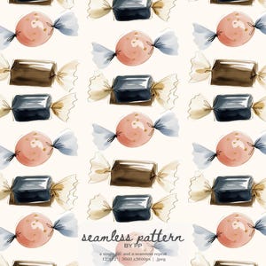 May include: Watercolor pattern featuring wrapped candies in pink, brown, and dark blue. Each candy is tied with a bow in shades of beige and blue. The words "seamless pattern" and "BY PP" are at the bottom.