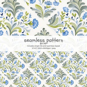 May include: A seamless pattern design with blue flowers, green leaves, and grey foliage on a white backdrop. The design includes the text "seamless pattern" and "BY PP". The pattern is a 30.48cm x 30.48cm repeat.