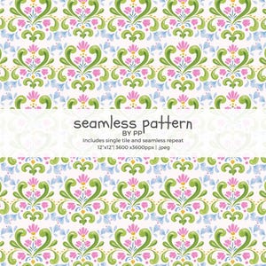 May include: Seamless pattern design featuring a repeating floral motif in green, pink, and blue on a white background. The design includes the text "seamless pattern" and other details. The pattern is 12"x12" and suitable for various applications.