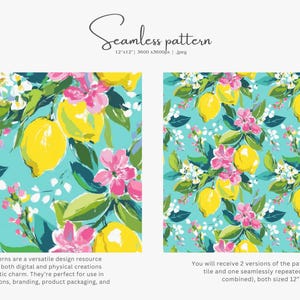May include: Watercolor seamless pattern featuring yellow lemons, pink flowers, and green leaves on a turquoise background. The design includes the text "Seamless pattern" and dimensions of 12" x 12".