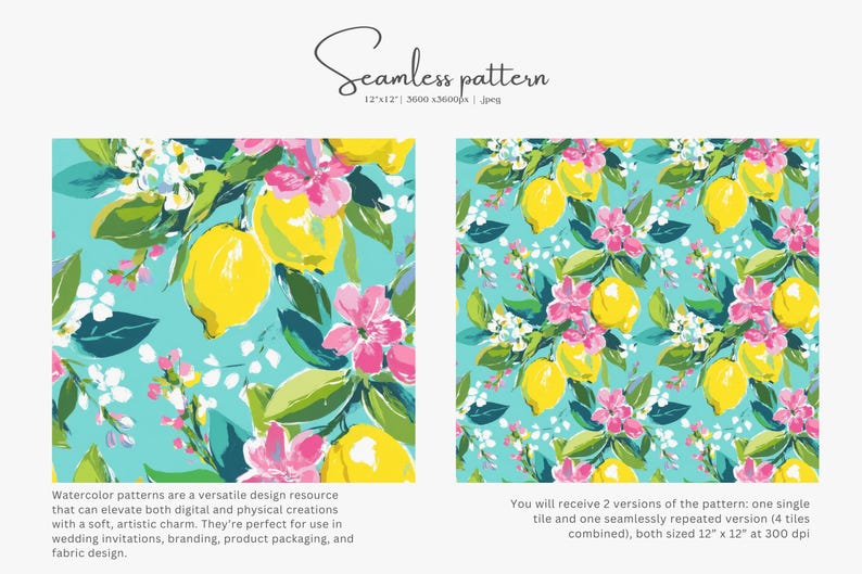 May include: Watercolor seamless pattern featuring yellow lemons, pink flowers, and green leaves on a turquoise background. The design includes the text "Seamless pattern" and dimensions of 12" x 12".