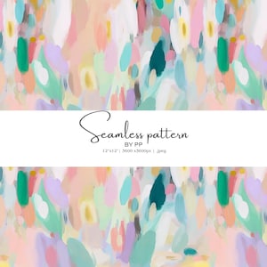 May include: Seamless pattern with a colorful abstract design. The pattern features brushstrokes in shades of pink, green, blue, and yellow. The text "Seamless pattern" is displayed in a cursive font.