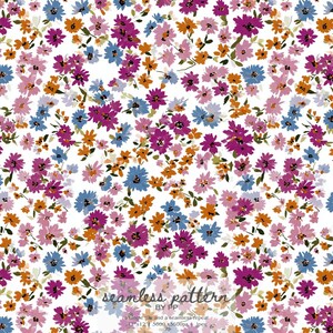 Peut inclure: Un motif floral sans couture avec un fond blanc, orné de petites fleurs roses, violettes, oranges et bleues. Les fleurs sont densément disposées, créant un design vif et coloré.