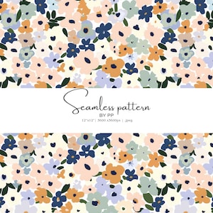 Op de afbeelding: Een naadloos bloemenpatroon met een crèmekleurige achtergrond, met bloemen in perzik, blauw, oranje en groen. Het ontwerp bevat de tekst "Seamless pattern BY PP" met afmetingen van 30,48cm x 30,48cm en 3600x3600px.