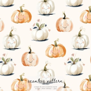 May include: A seamless pattern featuring watercolor pumpkins in shades of white and orange, each with a smiling face. Some pumpkins have green stems and small floral accents. The background is a soft cream color. The pattern is labeled "seamless pattern" by PP.