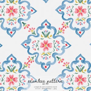 May include: A repeating watercolour floral pattern. The design features pink flowers, blue decorative elements, and small yellow and green accents on a white background. The text "seamless pattern" is visible.