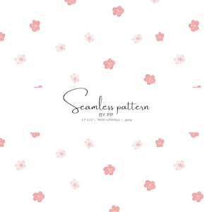 May include: A seamless pattern featuring scattered pink and light pink floral designs on a white background. The text "Seamless pattern" is displayed in a cursive font, along with the dimensions 12"x12" and the file type .jpeg.