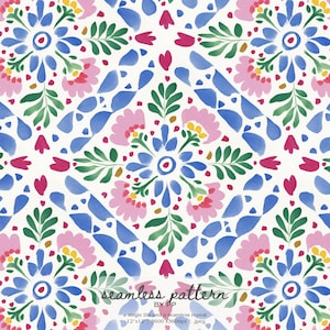 May include: A watercolour seamless pattern with a floral design. The pattern features pink, blue, green, and yellow flowers and leaves on a white background. The text "seamless pattern" is at the bottom of the image.