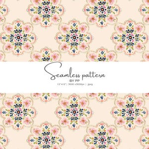 May include: A seamless pattern featuring a repeating floral design in pink, navy, and gold on a cream background. The pattern includes the text "Seamless pattern" and the dimensions 12" x 12".