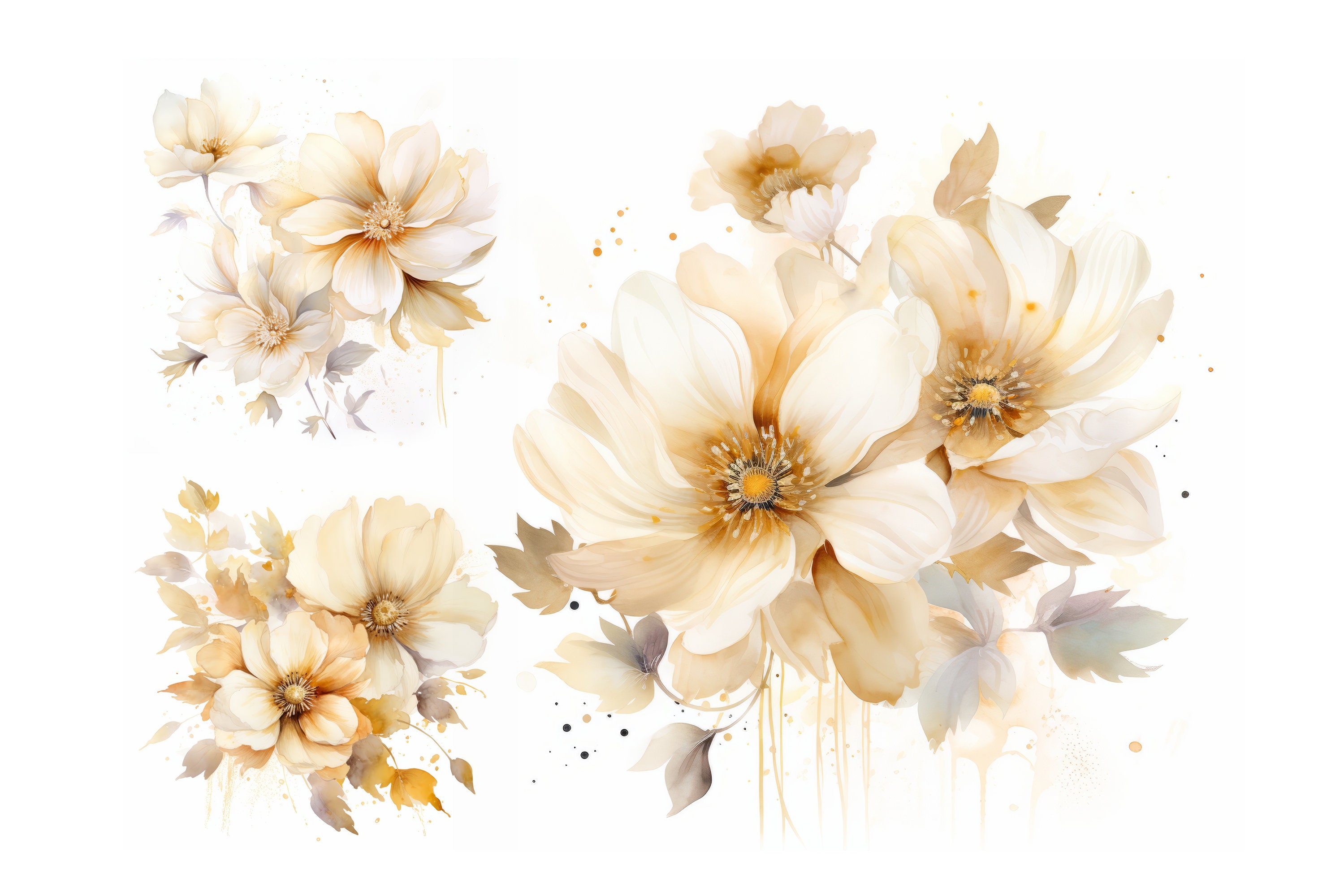 9 Watercolor Flower Clipart Golden Leaf Cream White Florals Card Making