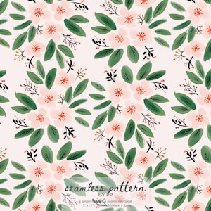 minimal floral pattern, scandi botanical seamless, blush peach flowers with green leaves, modern small floral print, soft neutral fabric