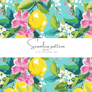 May include: Seamless pattern featuring yellow lemons, pink flowers, and green leaves on a turquoise background. The design includes white blossoms and is labeled "Seamless pattern" with dimensions of 12" x 12".