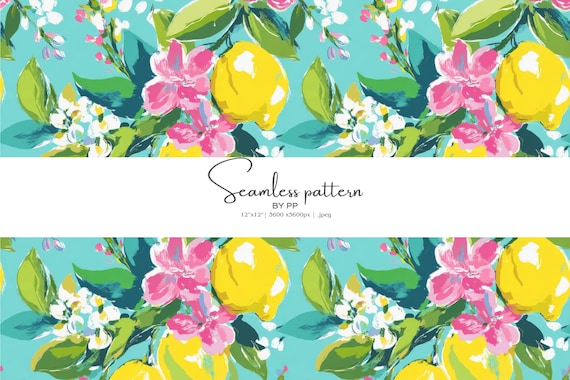 lemon pattern, tropical floral, citrus print, seamless texture, vibrant decor, floral lemon, summer background, digital paper, citrus jpeg