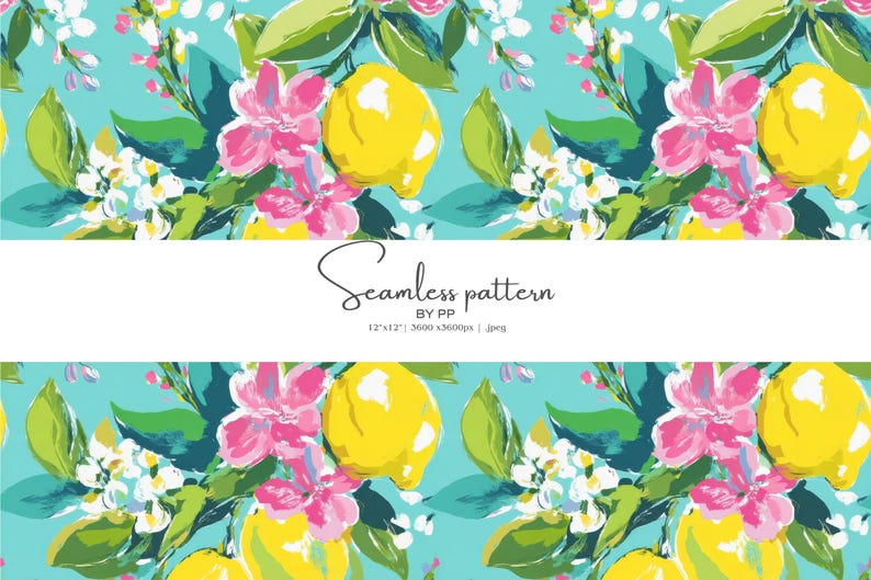 May include: Seamless pattern featuring yellow lemons, pink flowers, and green leaves on a turquoise background. The design includes white blossoms and is labeled "Seamless pattern" with dimensions of 12" x 12".