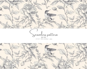 ヴィンテージパターン、鳥のイラスト、植物の彫刻、花の絵、エレガントな花柄、シームレスなデザイン、線画、花柄、クラシック
