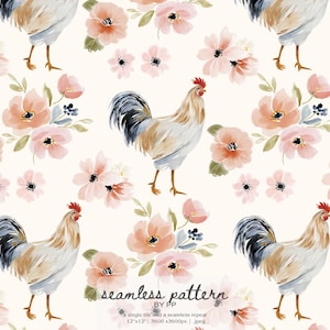 rooster floral pattern, farmhouse chicken seamless design, watercolor country rooster repeat, rustic cottagecore farm print, fabric wallpape