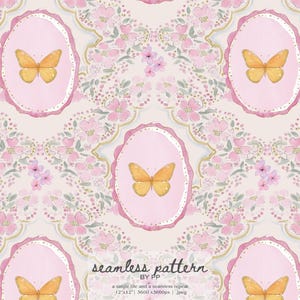 May include: A seamless pattern featuring a repeating design of butterflies and floral elements. Each butterfly is centered within a pink oval frame, surrounded by a gold border and delicate pink flowers. The background is a soft beige.