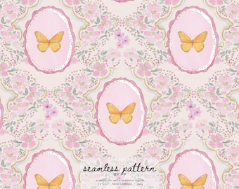 Padrão vintage de borboletas, papel de parede floral shabby chic, moldura rosa com camafeu, padrão romântico cottagecore sem costura, feminino e antigo.