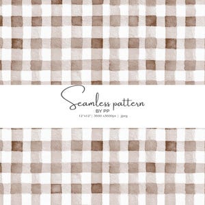 May include: Watercolor seamless pattern in a brown and white checkered design. The image includes the text "Seamless pattern" and the dimensions 12" x 12". The pattern is a repeating grid of squares, with a watercolor effect.