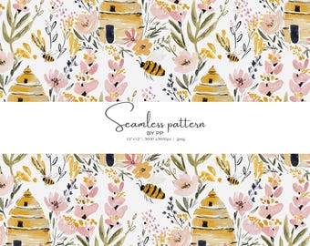watercolor bee floral seamless pattern, spring flower repeating design, yellow pink printable paper, 12x12 inch jpeg