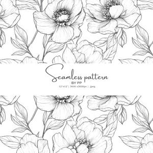 Op de afbeelding: Zwart-wit naadloos bloemenpatroon met gedetailleerde lijntekeningen van pioenrozen en bladeren. De tekst "Seamless pattern" wordt weergegeven, samen met afmetingen van 30.48cm x 30.48cm en bestandsdetails. Een botanisch ontwerp.