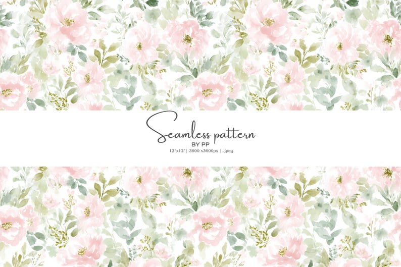 Pode incluir: Padr&atilde;o floral cont&iacute;nuo em aquarela com flores rosa suaves e folhas verdes sobre fundo branco. O design inclui o texto "Seamless pattern" e dimens&otilde;es de 30,48 cm x 30,48 cm.
