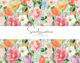 May include: A seamless floral pattern featuring watercolor-style flowers in shades of pink, orange, yellow, and white, set against a light green background. The design includes roses, poppies, and other blossoms. The text "Seamless pattern BY PP" is displayed.