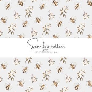 May include: A seamless pattern featuring watercolor illustrations of bees, white flowers, and sprigs on a light gray background. The text "Seamless pattern BY PP" is displayed in the center. The pattern is 12x12 inches.