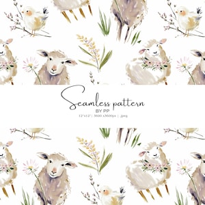 May include: Watercolor seamless pattern featuring sheep, chicks, and floral elements. The design includes sheep with flower crowns and holding daisies, along with chicks perched on branches. The text "Seamless pattern" is included in the design.